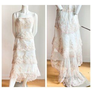 Jade Daniels  Ivory Pink Beaded Lace Accent Strappless High Low Dress M